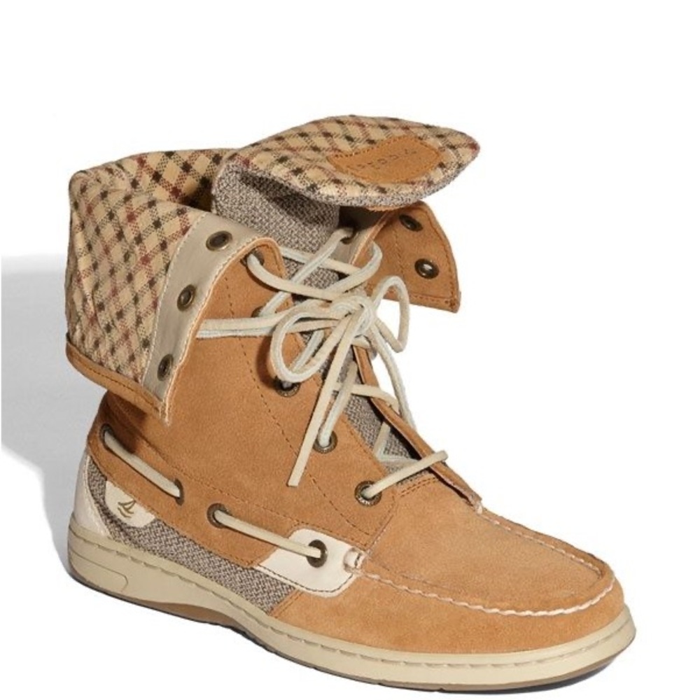 Sperry Topsider Women Tan/Brown Soft Leather Plaid Flannel Lined Boat Shoe Boots